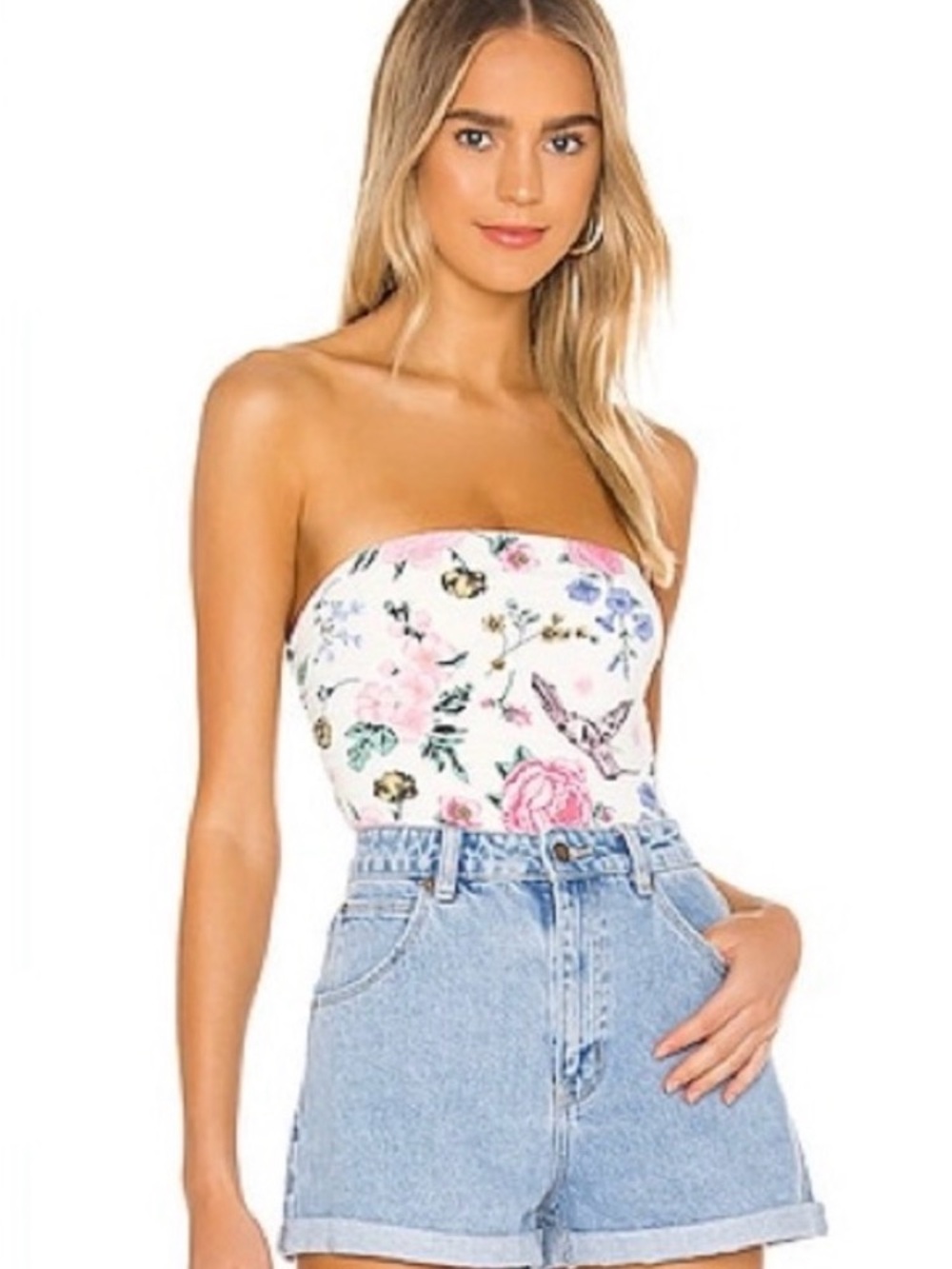 Superdown Floral Strapless Tube Top — White/Pink